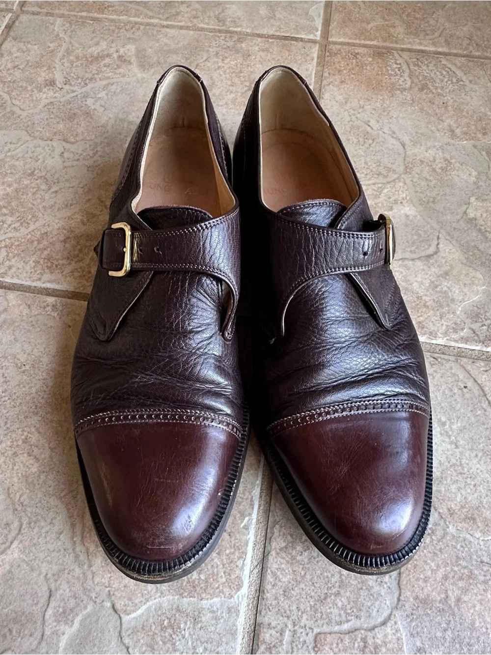 Bruno Magli Cali Monk Strap Shoes Brown Leather Cap Toe Vibram Gumlite sole